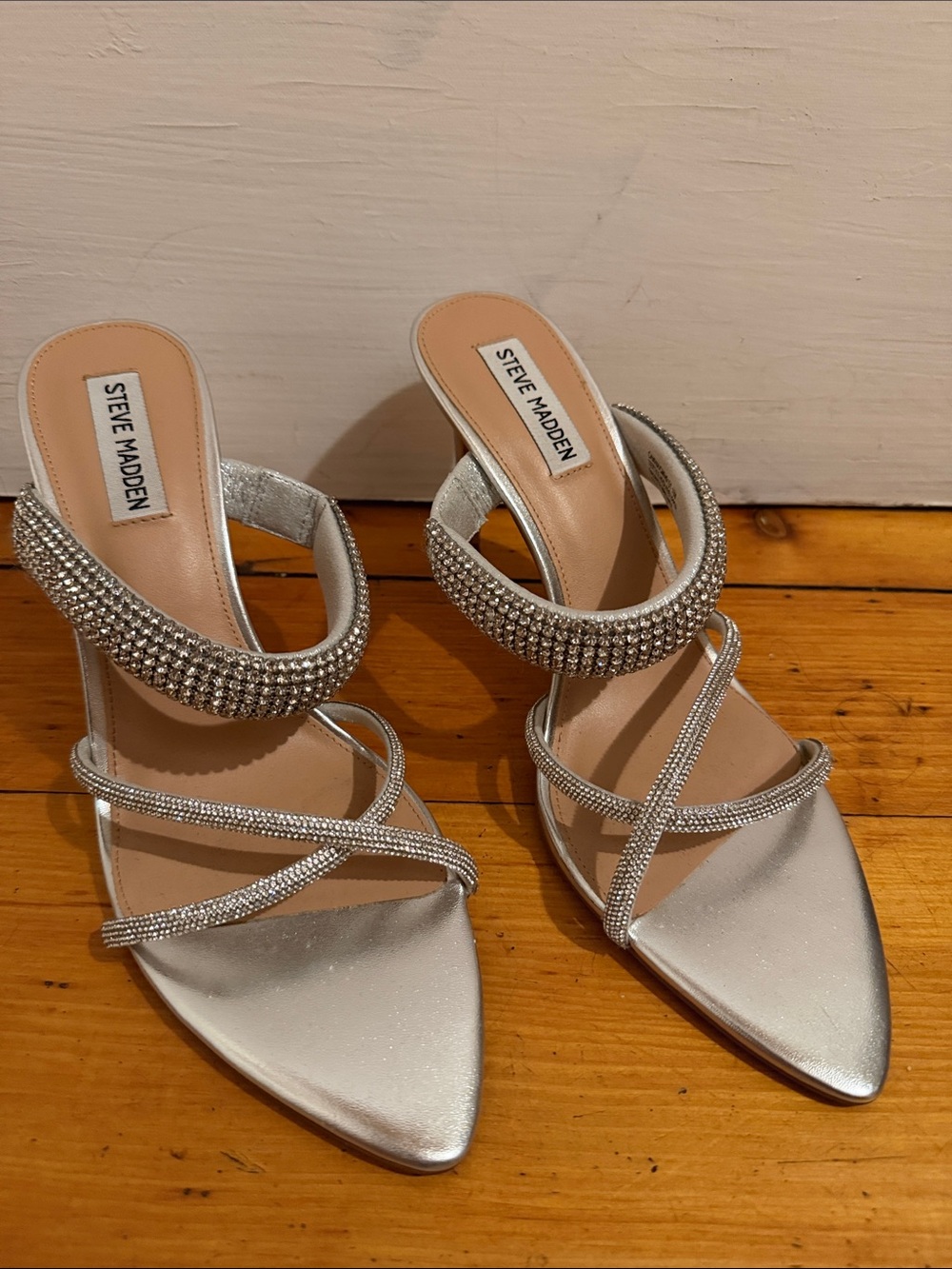 Steve Madden Silver Rhinestone Strappy Pointed-Toe Heels 10